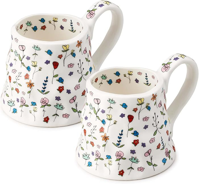 20 Oz Large Ceramic coffee Mug, Novel Irregular Large Handle Girl Floral Tea Cup, Cute Flowers, C... | Amazon (US)