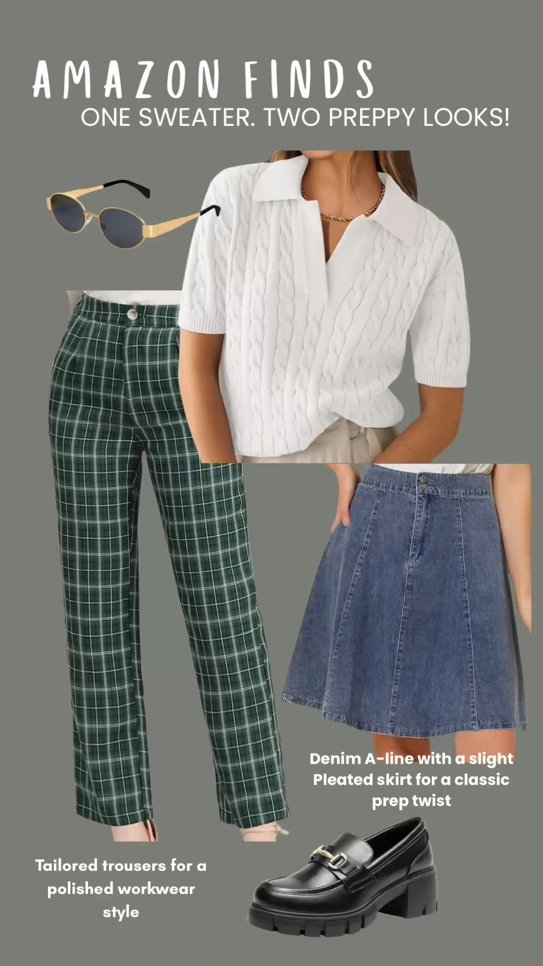One sweater, endless style! 💫 This Amazon cable knit sweater gets a preppy twist in two ways, paired with tailored plaid trousers for polished workwear or a denim A-line skirt for a classic school-girl vibe. Perfect for fall outfits, back-to-school looks, or cozy layering season. Shop both looks now!
#AmazonFinds #FallOutfits #PreppyStyle #BackToSchoolStyle #OOTDInspo #AffordableFashion #OneSweaterTwoWays #LTKFallFashion #LTKUnder50 #PreppyOutfits #CableKnitSweater #PlaidPants #DenimSkirt #FallStyleInspo

#LTKFindsUnder100 #LTKStyleTip #LTKWorkwear