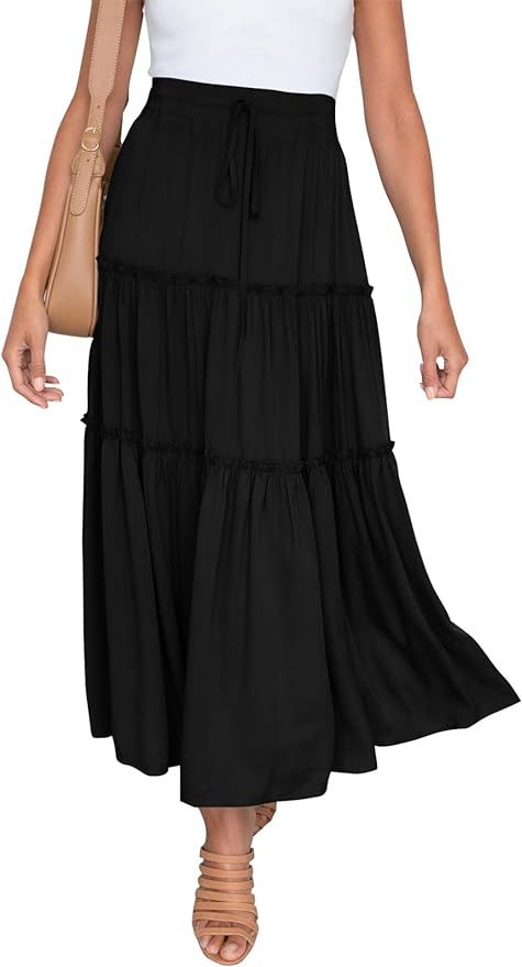 VTSGN Womens High Waisted Midi Maxi Skirt Boho A-Line Ruffle Flowy Long Skirt with Pockets | Amazon (US)