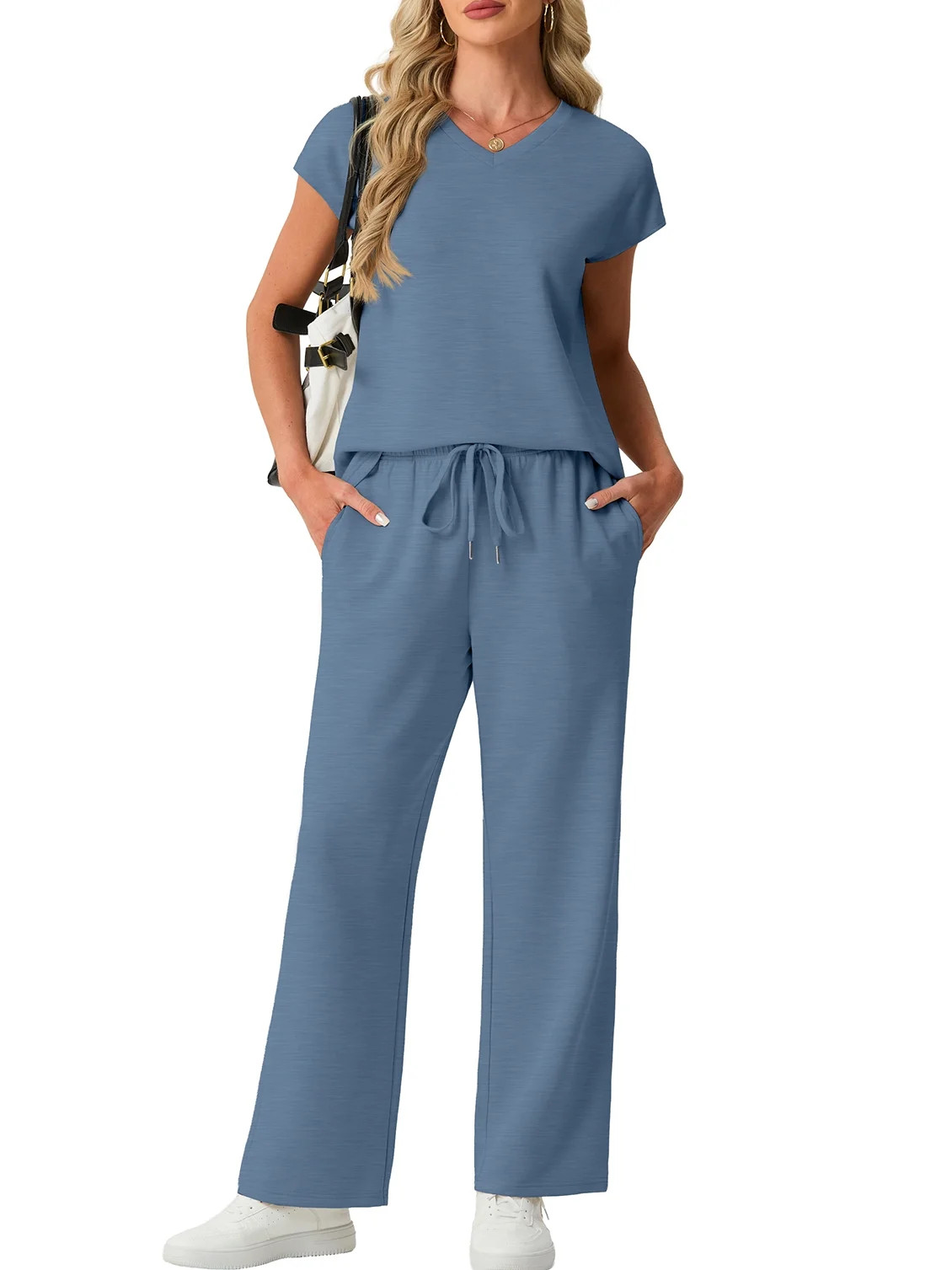 Cueply 2 Piece Sets for Women Summer Casual Vacation Outfits Cap Sleeve Wide Leg Long Pants Loung... | Walmart (US)