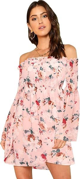 Romwe Women's Casual Floral Print Off Shoulder Trumpet Sleeve Swing Dress | Amazon (US)