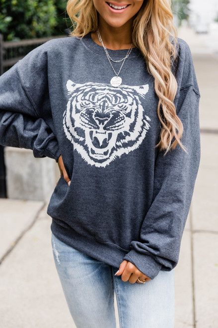 White Tiger Dark Heather Graphic Sweatshirt | The Pink Lily Boutique