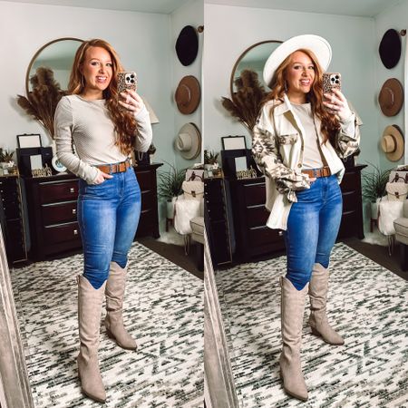 Western Shacket and textured bodysuit in size medium (I could have done a small) 

Jeans - size 5 (true to size ) 

Tall Western tan booties - I sized up half 

Code to save: october20


#LTKshoecrush #LTKSeasonal #LTKunder50