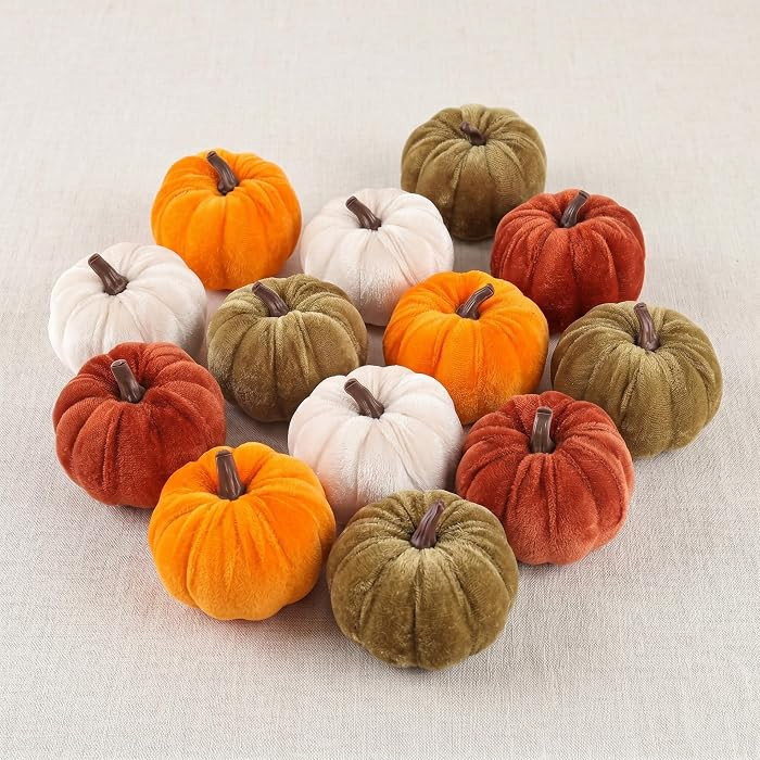FJAKA 12 Pcs Velvet Pumpkin Mini Decor, Artificial Small Foam Pumpkins Fall Thanksgiving Home Tab... | Amazon (US)