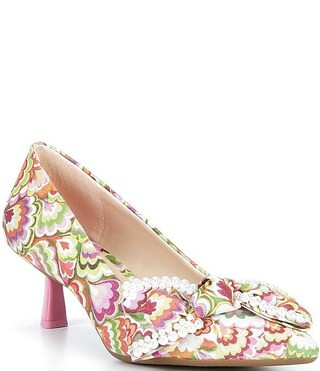 Alex Marie Iris Three Multi Print Pearl Embellished Bow Kitten Heel Pumps | Dillard's | Dillard's