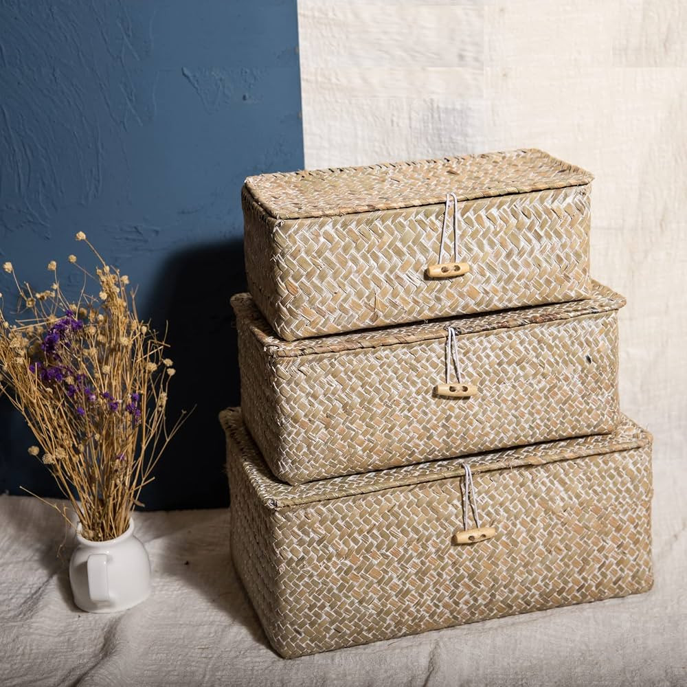 3 Pcs Wicker Shelf Storage Baskets with Lid Handwoven Seagrass Rectangular Box with Cover Househo... | Amazon (CA)