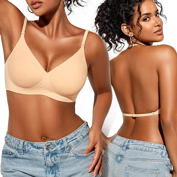 Low Back Bra for Women Wireless, Backless V Neck Convertible Halter Bras | Amazon (US)