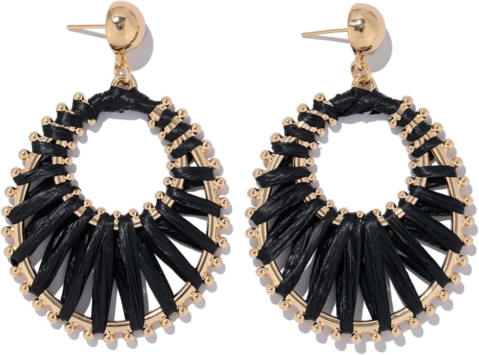 Gold Raffia Earrings Boho Summer Beach Jewelry Trendy Statement Dangle Drop Earrings for Women | Amazon (US)