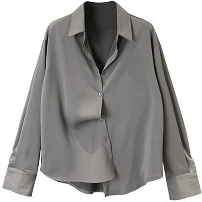 ZZSRJ Satin Loose Shirt Women's Spring and Autumn Silver Gray Commuter Shirt (Color : G, Size : L... | Amazon (US)