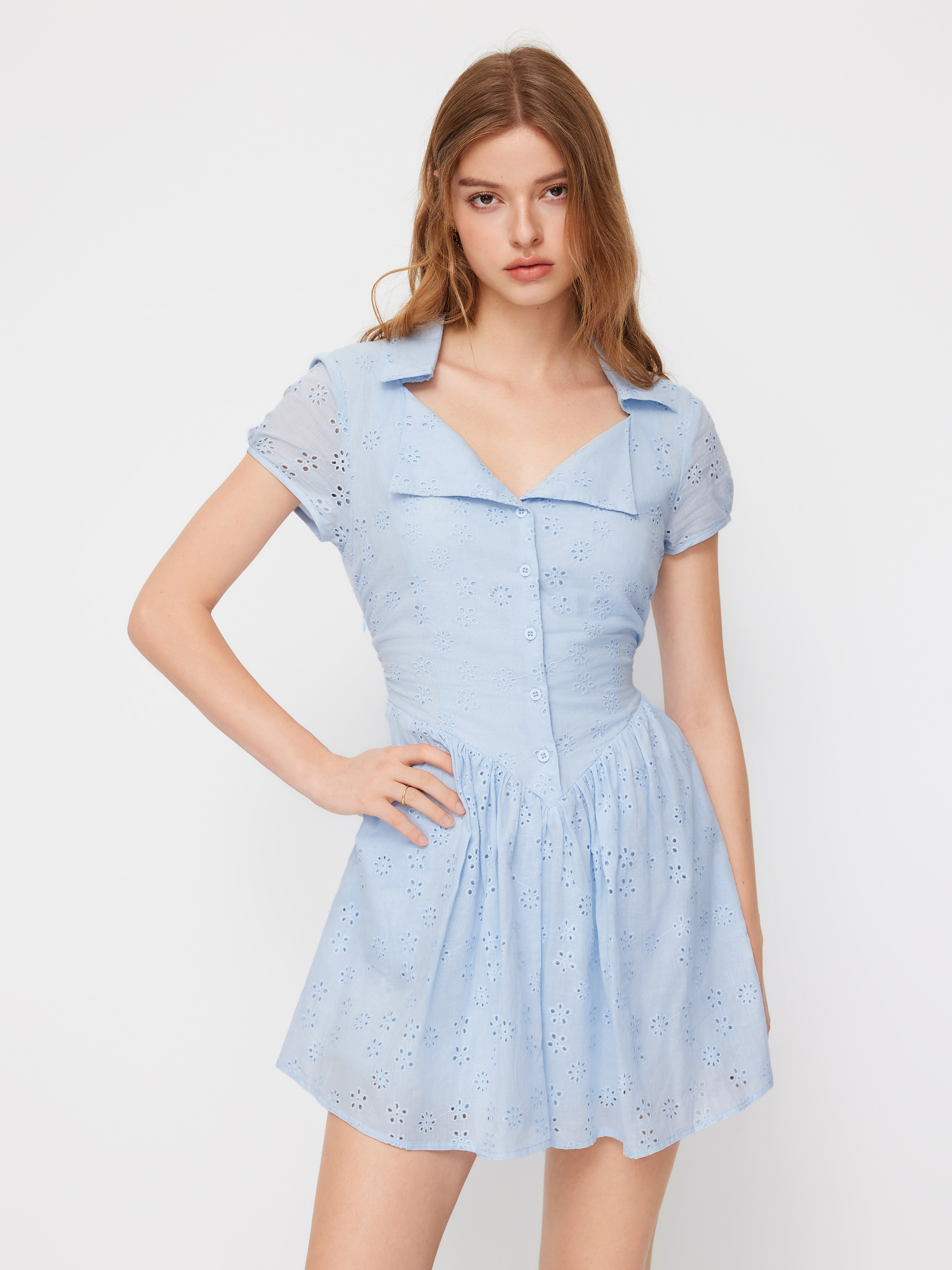 Jacquard Cotton Collar Broderie Anglaise Tie Back Ruffle Mini Dress For Vacation | Cider