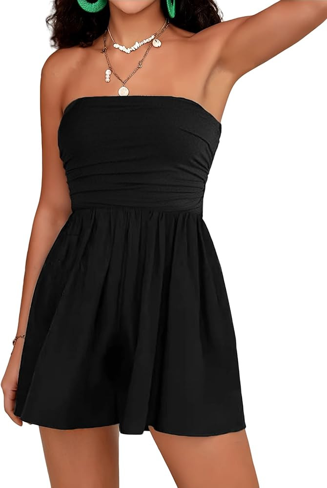 Women Summer Casual Strapless Rompers Tube Top Shorts Jumpsuit Sleeveless Off Shoulder Sexy Beach... | Amazon (US)