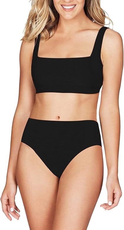 Viottiset Women's High Waisted Ribbed Square Neck Cheeky Bikini 2 Piece Swimsuit Sexy Wide Strap | Amazon (US)