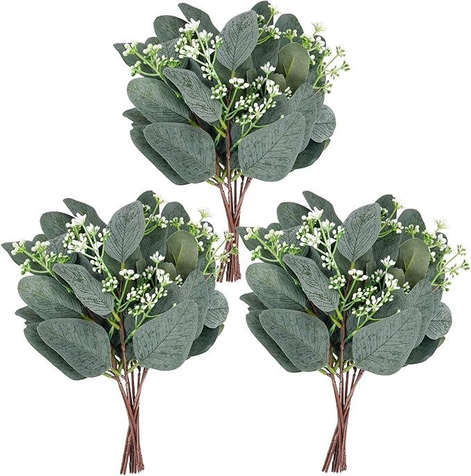 Whonline 20pcs Artificial Eucalyptus Leaves Stems with White Seeds Short Silver Dollar Artificial... | Amazon (US)