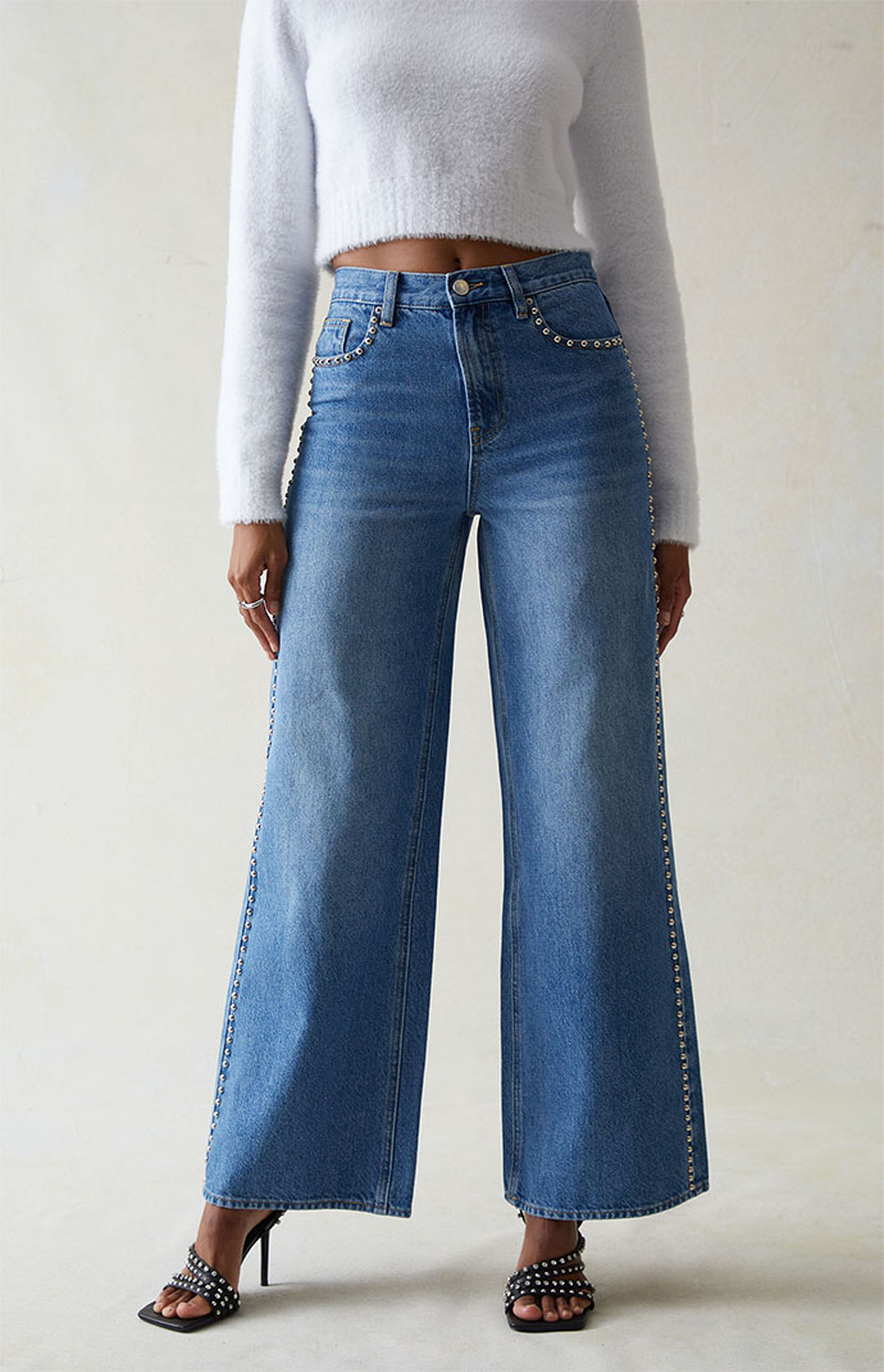 PacSun Medium Indigo Studded Wide Leg Jeans | PacSun