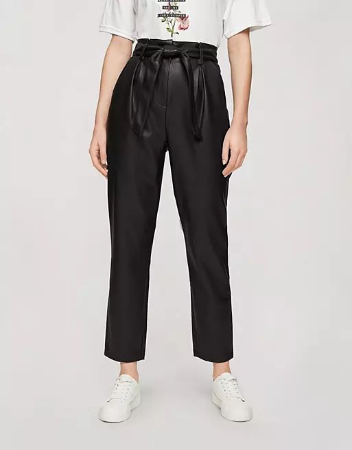 Miss Selfridge faux leather paperbag trousers in black | ASOS (Global)