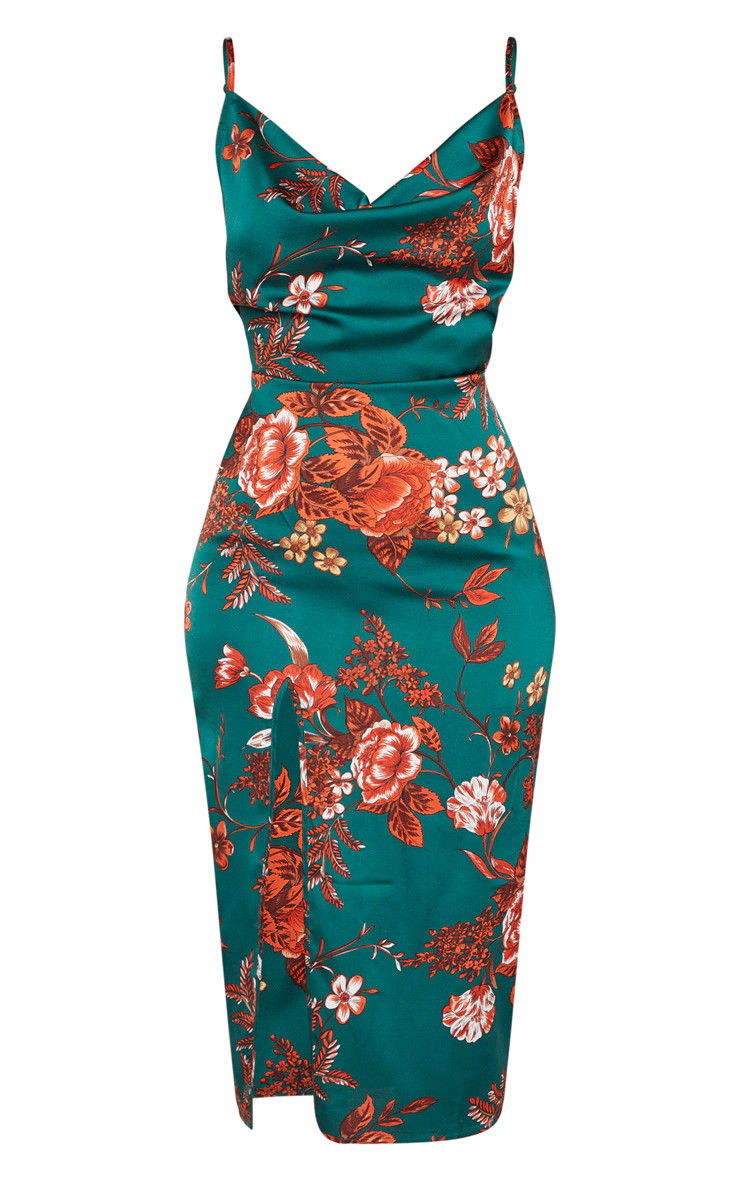 Emerald Green Floral Strappy Satin Cowl Midi Dress | PrettyLittleThing CAN