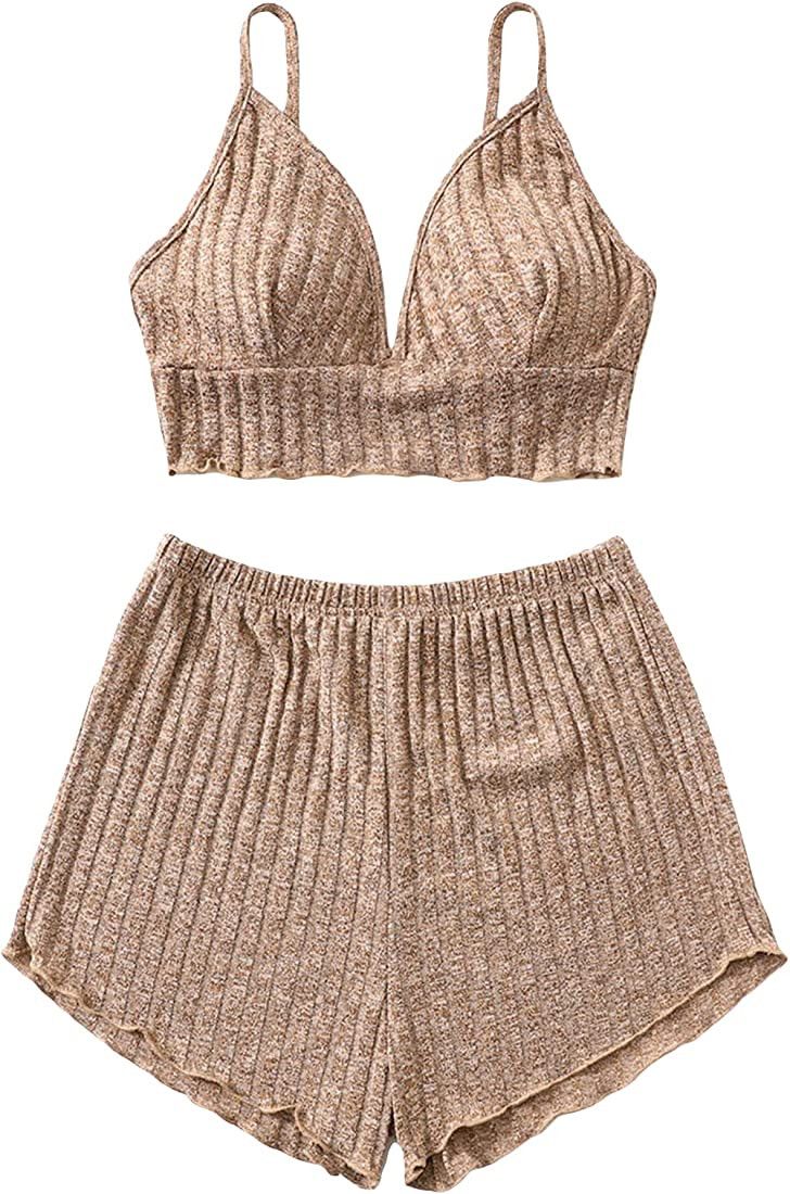 SOLY HUX Women's Sleepwear 2 Piece Lounge Set Pajama Set Rib Knit Spaghetti Strap Bralette Top an... | Amazon (US)