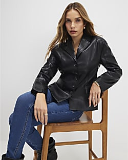 Black Fitted Faux Leather Blazer | River Island UK & IE