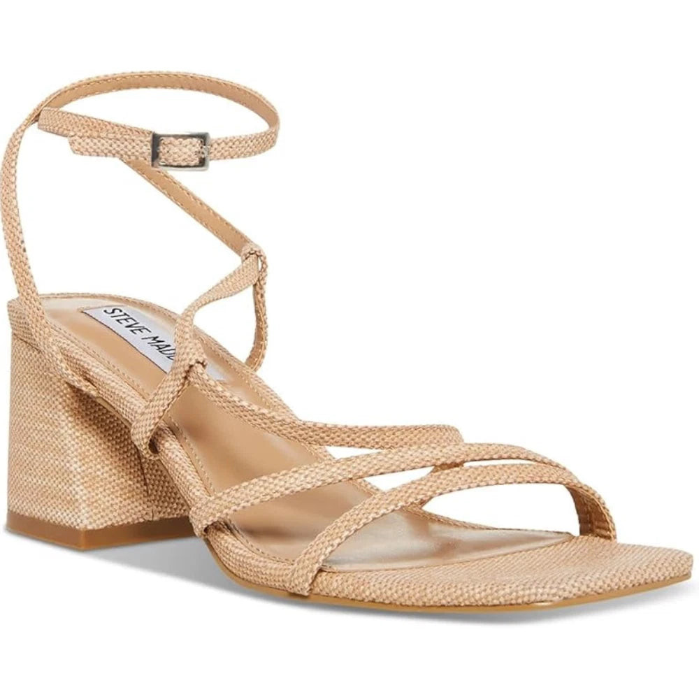 Steve Madden Alyce Sandals Women's Beige Raffia Ankle Strap Block Heel LION445 | Shop Simon