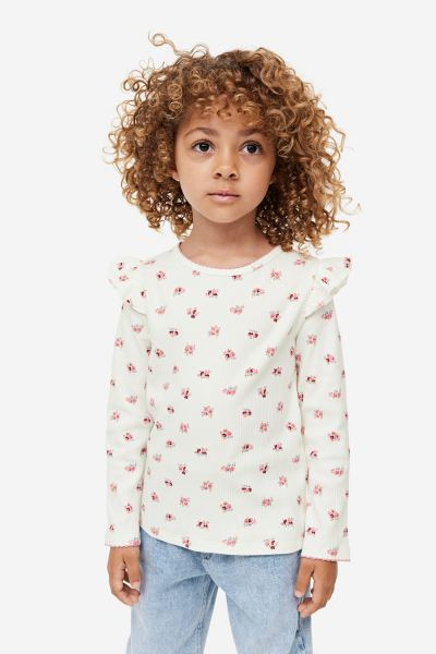 Ruffle-trimmed Ribbed Top - Pink melange - Kids | H&M US | H&M (US + CA)