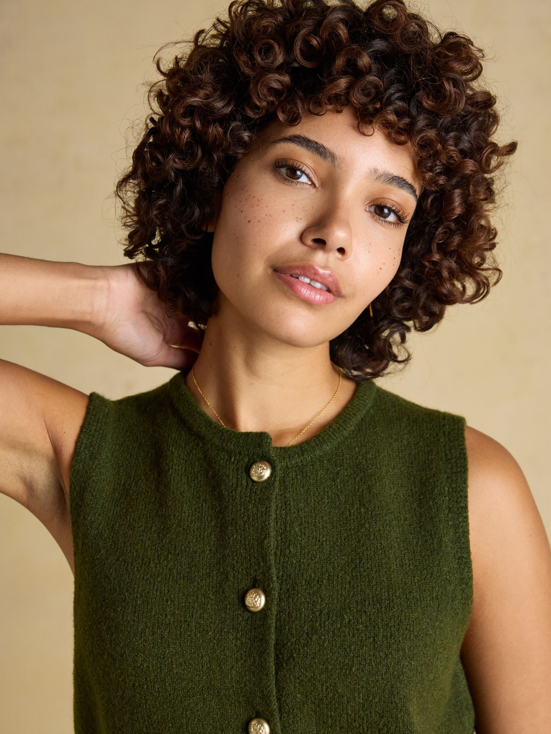 Holly Khaki Green Button Through Knitted Vest | Joules | Joules