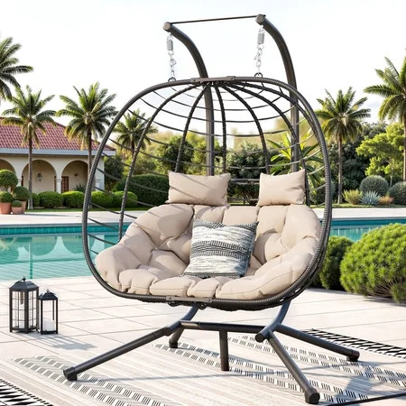 ELPOSUN Double Wicker Swing Egg Chair 2 Person Foldable Hanging Egg Chair with Stand, Porch Swing Loveseat for Patio, Balcony, Porch, Indoor, Outdoor, Black/Beige | Walmart (US)