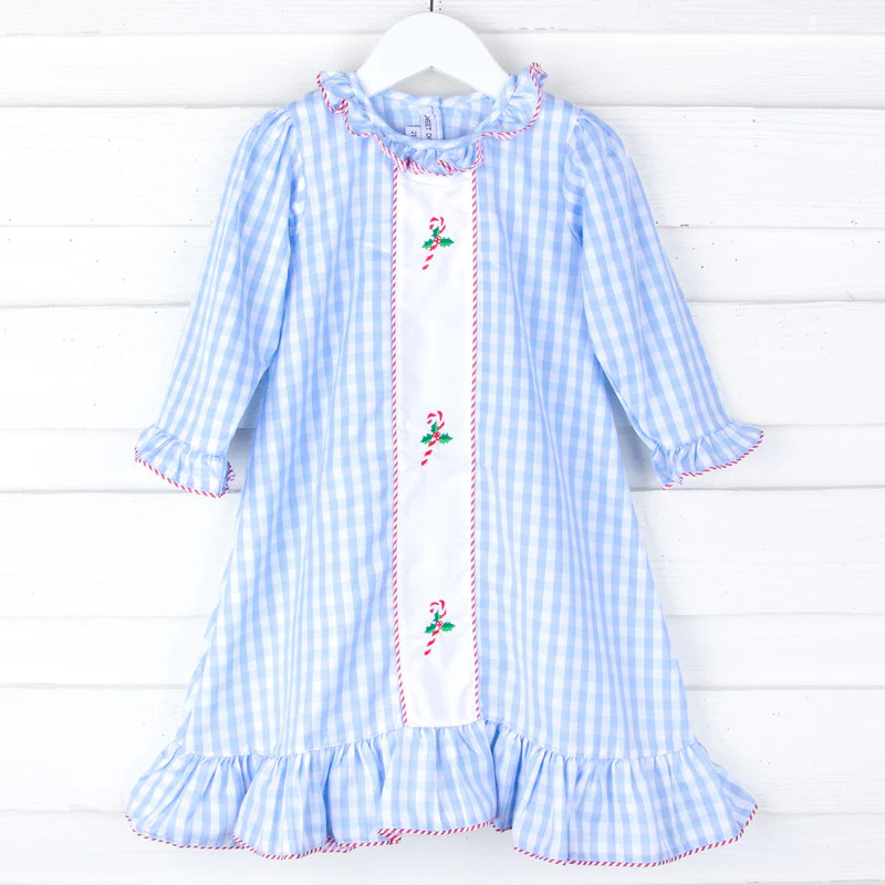 Candy Cane Embroidered Blue Gingham Nightgown | Classic Whimsy