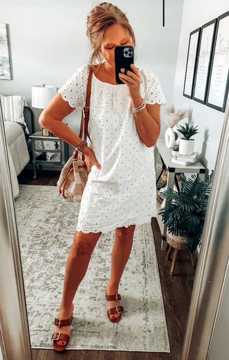 Found this cute eyelet dress at Walmart! Loving 🥰 it for the spring and summer!!  Wearing a large, comes in more colors. Time and Tru heels, crochet tote from Pink Lily, use code MARCH20 for 29% off your order. 

Dresses, Walmart, Walmart fashion, Walmart finds, spring outfit, spring dresses, dress, sandals, handbags, sale, white dress , fashion over 40

#LTKfindsunder50 #LTKstyletip #LTKsalealert