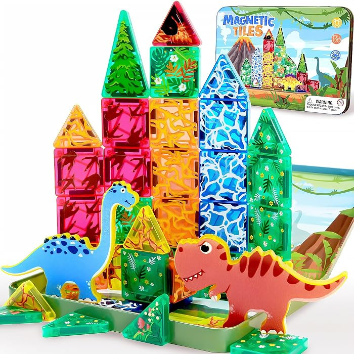 Travel Magnetic Tiles for Toddler Boys Kid, 36PC Mini Dinosaur Sets Airplane Restaurant Road Trip... | Amazon (US)