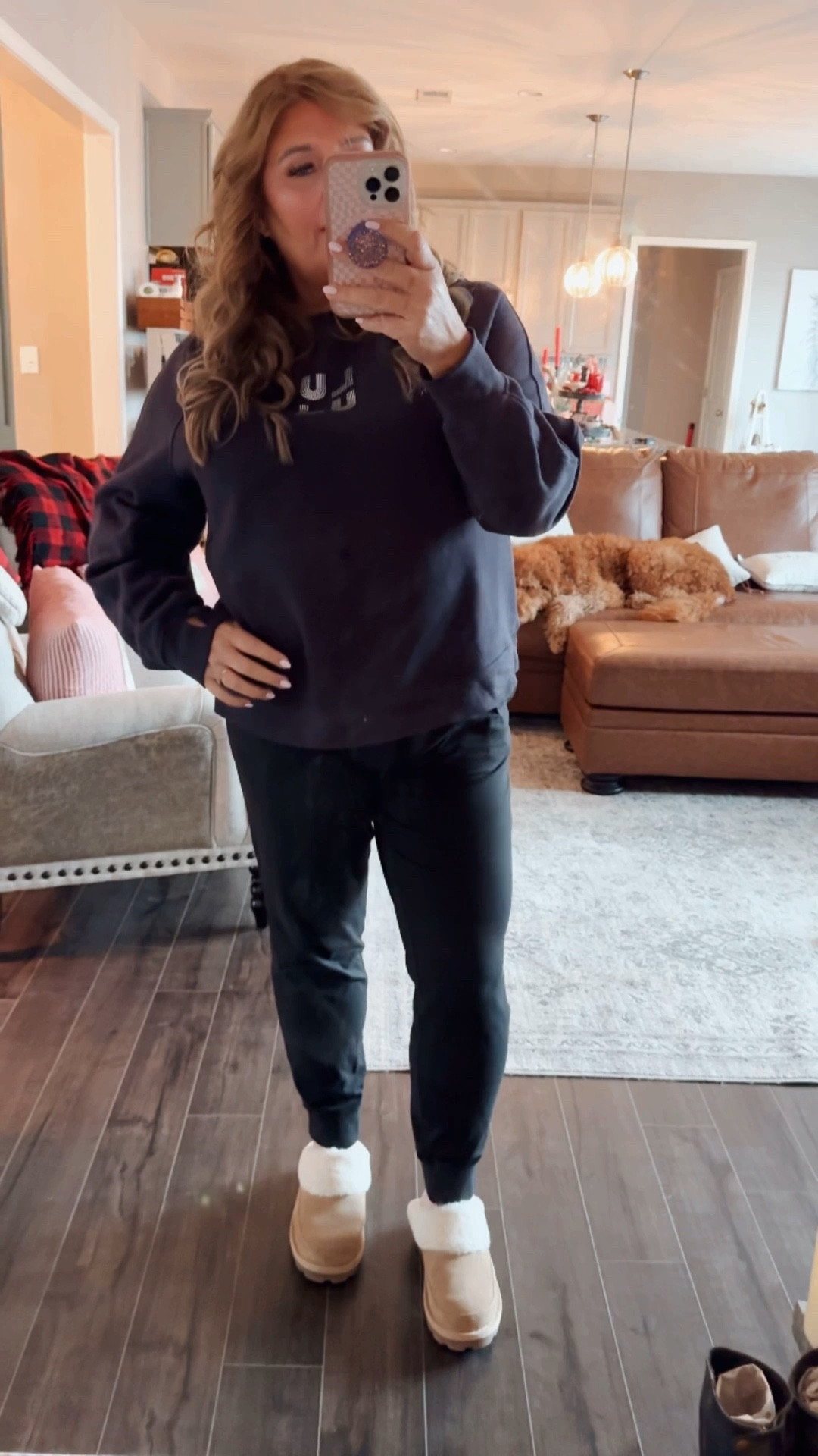 Staying cozy at home today and my Lululemon pullover and similar joggers are on sale! Levi is so happy for some quiet time on the couch ;)