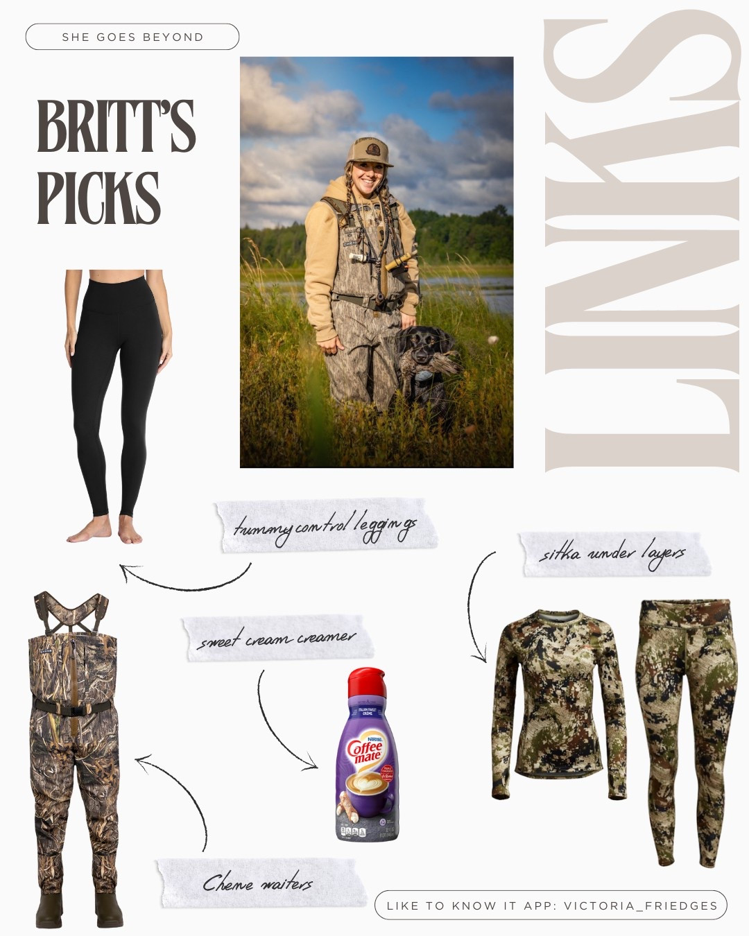 Brittany’s picks from last week! She loves a good legging that has tummy control. Sitka under-layers are her go-to for cold days on the marsh.

Her coffee supports the best sweet cream creamer money can buy!

Chene has the best quality waiters on the market! Which I can’t link but you can head to their site to purchase or review 🤍