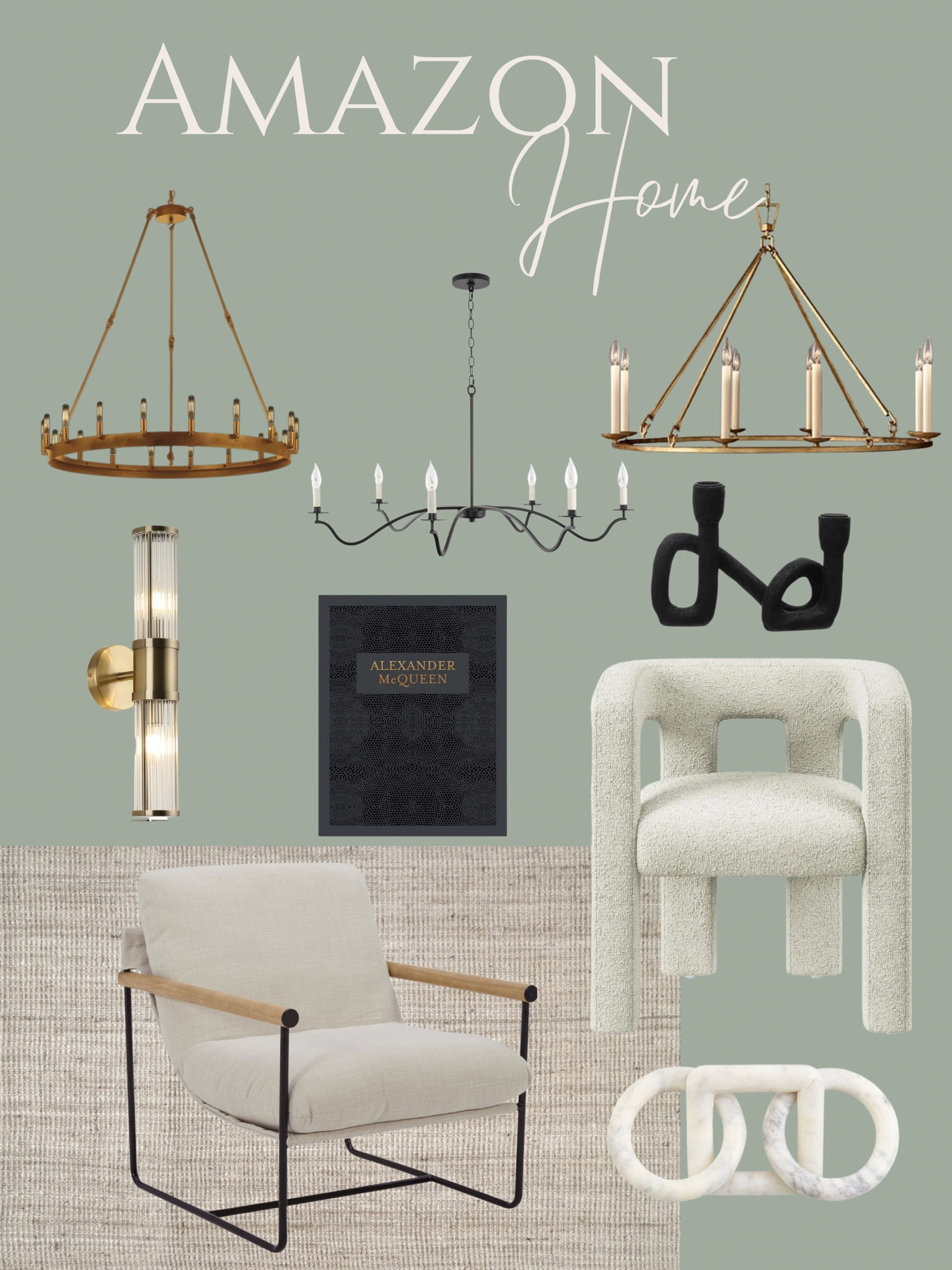 Modern amazon home finds. 






Boucle accent chair, dining chair, arm chair, restoration hardware, area rug, wagon wheel chandelier, Alexander McQueen coffee table book, candlestick holder, sconce lighting 

#LTKhome