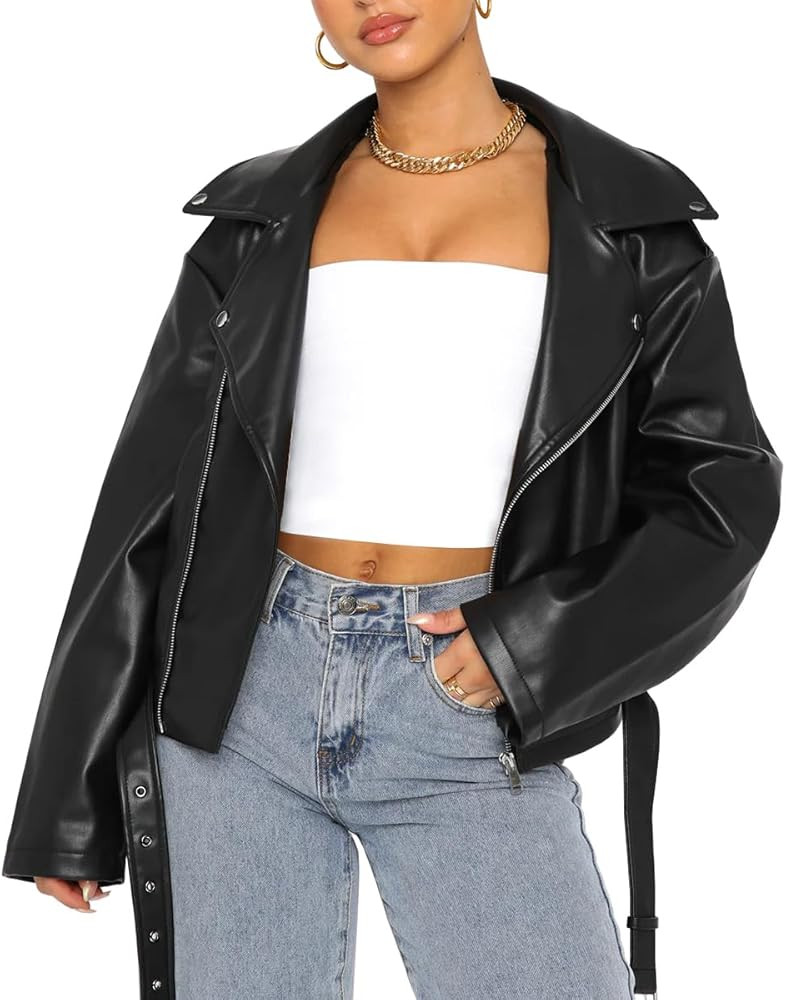 AUTOMET Womens Leather Jackets Oversized Casual Winter Y2k Faux Zip Up Coats Bomber Motor Biker F... | Amazon (US)