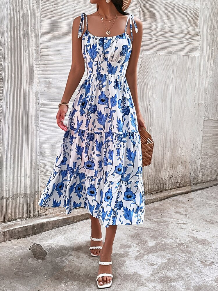 Floral Print Tie Shoulder Ruched Bust Ruffle Hem Cami Dress | SHEIN