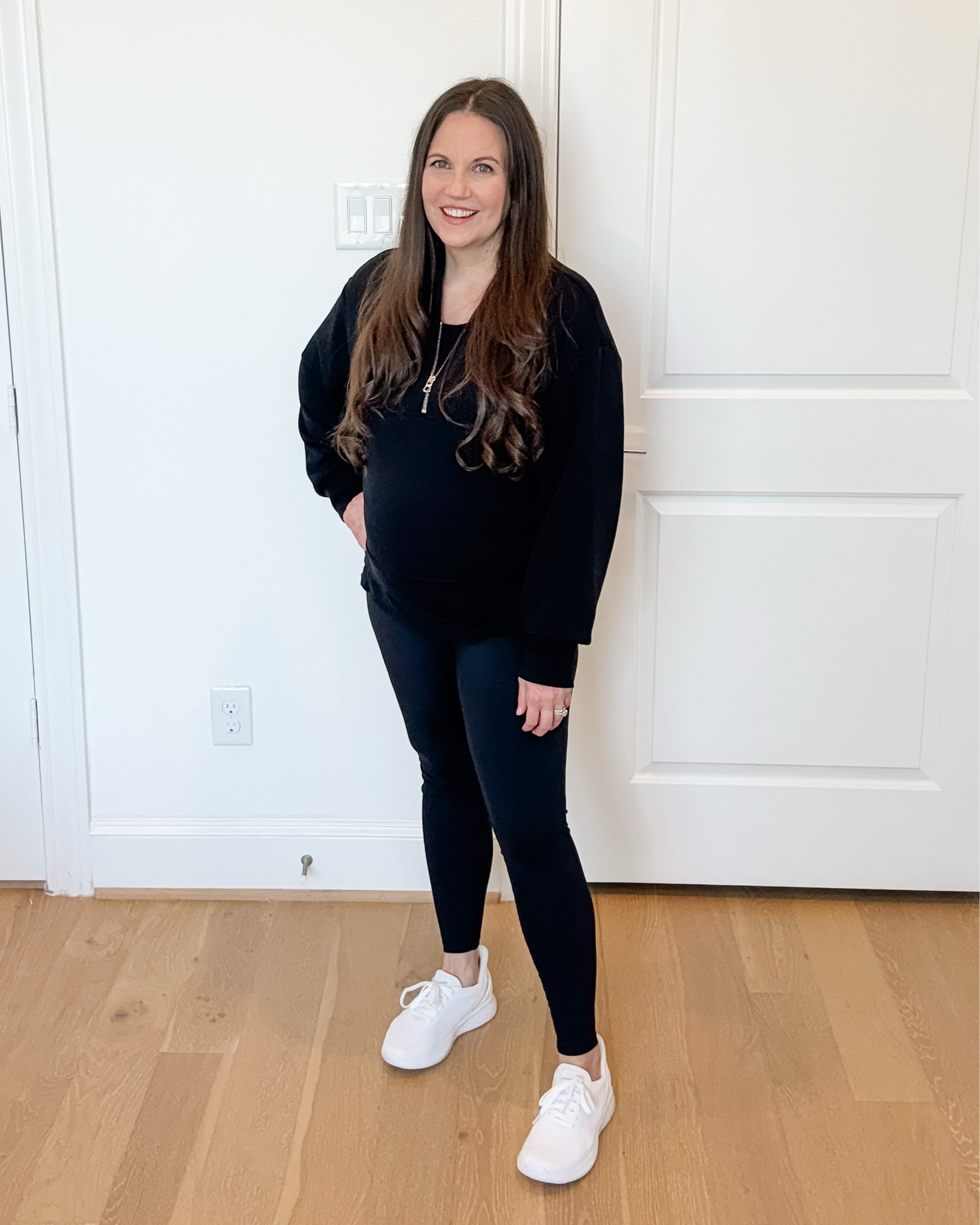 Whether I’m heading to a workout or just staying cozy at home, this outfit is my new everyday uniform. Love how the black half zip pullover sweater pairs with the black maternity tees and over the belly pregnancy leggings for a sleek all black outfit that works for both fall and winter outfits.
Styled with white sneakers for a fresh pop, but still super comfortable as loungewear or travel wear.
Linked everything below!


#LTKmomlife #LTKootd #LTKSeasonal