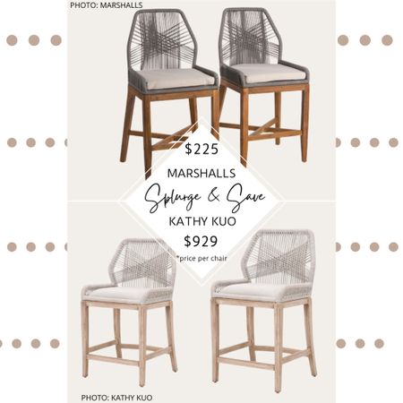 🚨Brand New Find🚨 Kathy Kuo’s Lorry Coastal Taupe Woven Rope Dining Chair and Counter Stools are made from solid mahogany, aluminum, polyolefin rope, and foam. They feature an intricate rope back, wrapped edges, a coastal design, and are a bestseller.

I found rope-wrapped dining chairs and counter stools at T.J.Maxx and Marshalls.  They come in a variety of colours (black, blue, tan, and grey, to name a few), and come in sets of two. They go in and out of stock regularly, so if like one and it’s sold out, just keep checking back.

#kathykuo #diningchair #diningroom #seating #chairs #furniture #tjmaxx #marshalls #homedecor #decor #lookforless #copycat #dupes #dupe #diningstool #barstool.   Kathy Kuo Lorry Coastal Taupe Woven Rope Performance Mahogany Dining Side Chair dupe. Kathy Kuo dupes. Kathy Kuo furniture dupes. Kathy Kuo look for less. Kathy Kuo copycats. Decorating on a budget. Affordable dining chairs. Rope dining chairs. Rope bar stools. Rope cross weave dining chairs. Rope cross weave bar stools. Budget home decor. TJ Maxx finds. T.J.Maxx finds. Marshalls finds. Coastal dining chairs. Modern traditional dining chairs. Transitional dining chairs. Transitional dining room. Rope counter stool, rope dining chair, rope back dining chairs, rope wrapped chairs

#LTKFind #LTKhome #LTKsalealert
