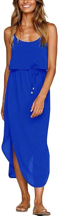 Yidarton Women's Summer Casual Dress Adjustable Strappy Split Floral Midi Beach Dress | Amazon (US)