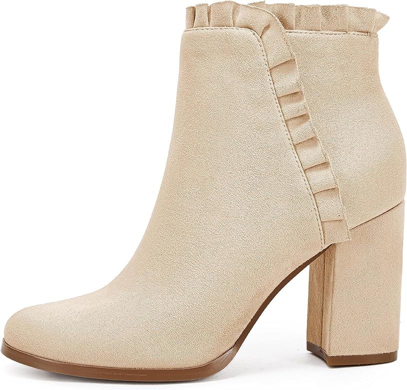 Womens Chunky Block Heel Ankle Boots Faux Suede Ruffle Fall Winter Western Booties | Amazon (US)