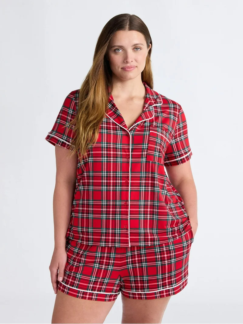 Joyspun Women’s Dreamy Soft Collection Notch Collar Knit Top and Boxer Shorts Pajama Set, Sizes... | Walmart (US)