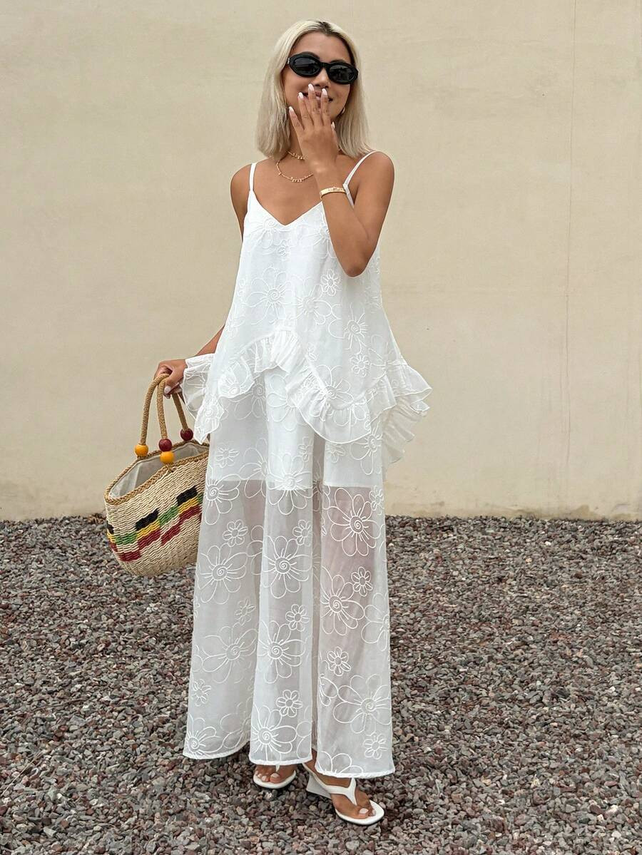 DAZY V-Neck Spaghetti Strap Ruffle Hem Dress For Women, Vacation Sundress | SHEIN