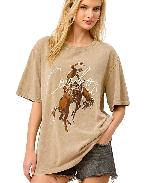 Oversized Vintage Graphic Tee for Women Washed Cotton Loose Fit Western Cowboy T Shirt | Amazon (US)