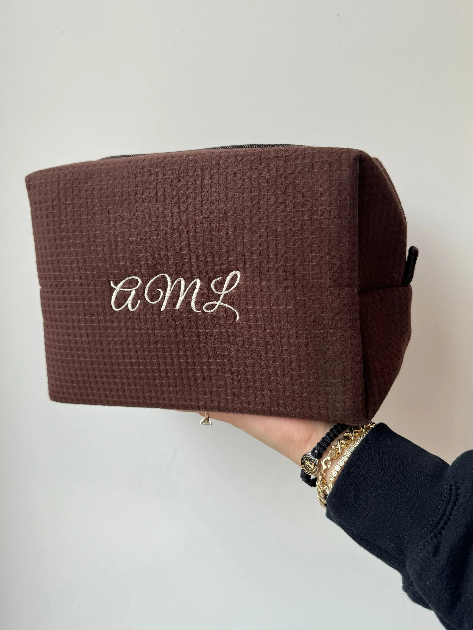 Custom Make Up Bag - Chocolate Brown Make Up Bag - Waffle Weave Cosmetic Bag | Etsy (US)