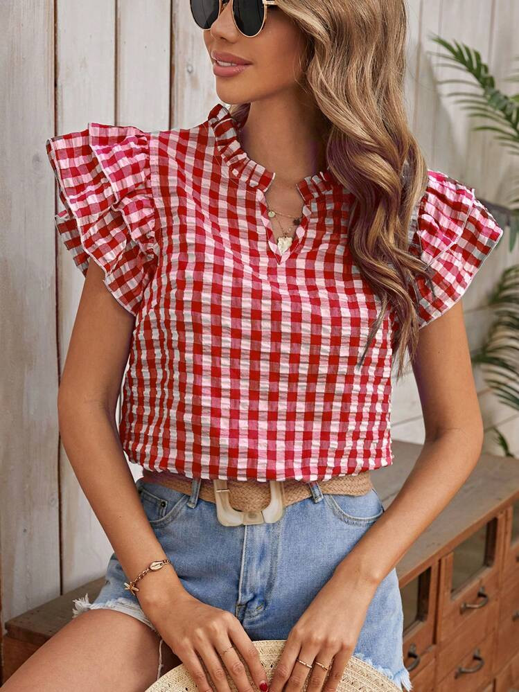 SHEIN LUNE Gingham Print Notched Neckline Butterfly Sleeve Blouse | SHEIN