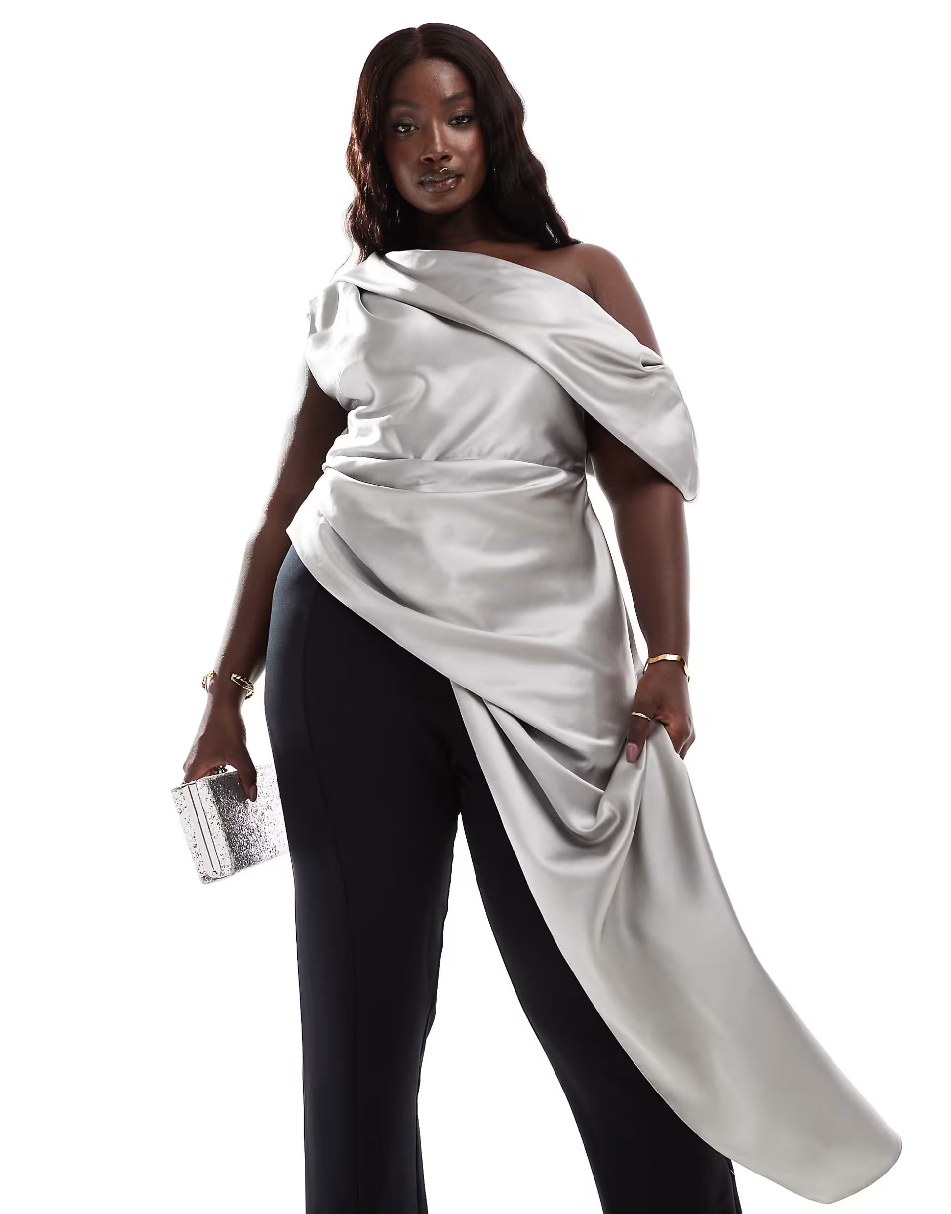 ASOS LUXE Curve exaggerated drape satin top in silver - part of a set | ASOS (Global)