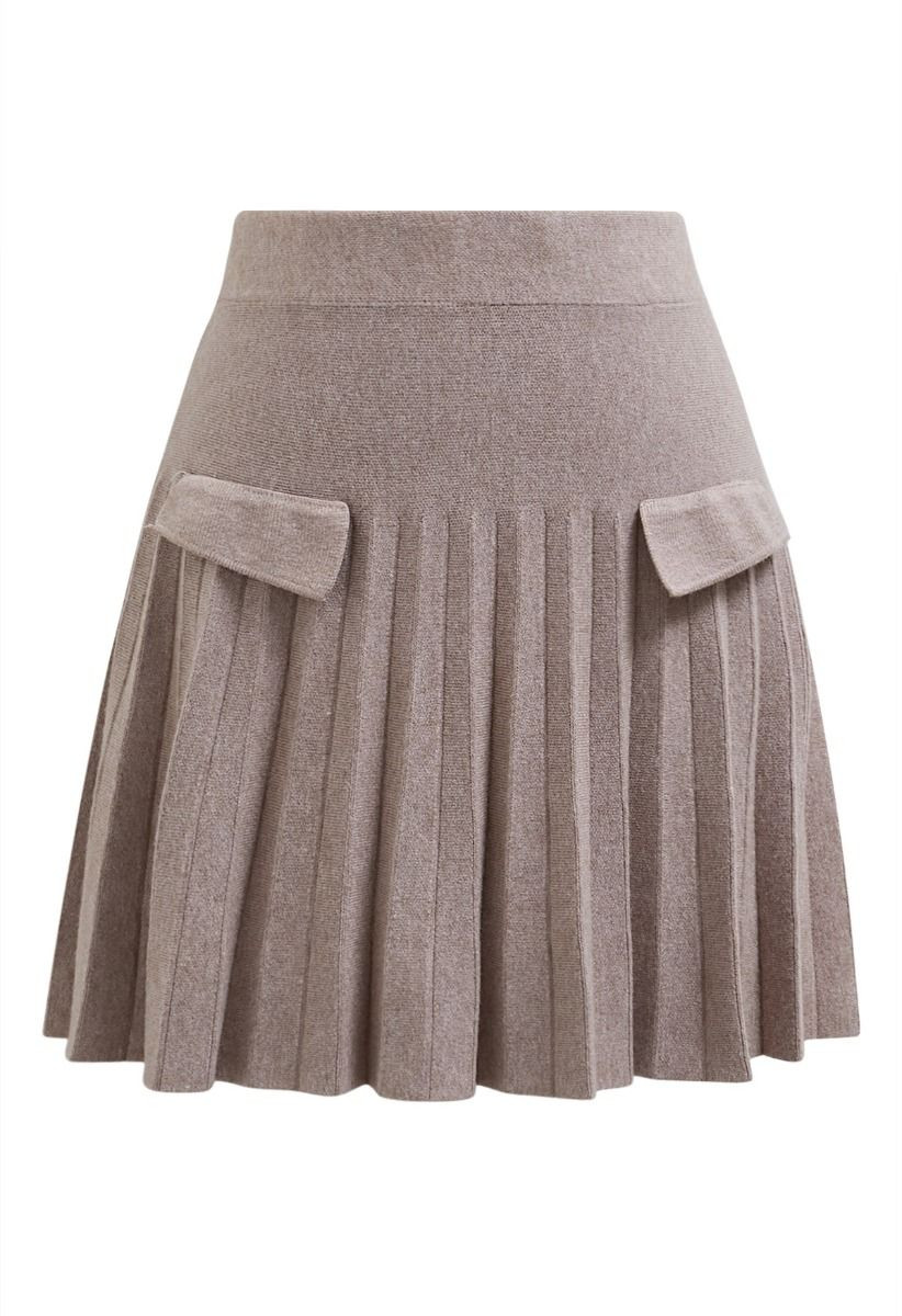 Decorative Pocket Pleated Knit Mini Skirt in Sand | Chicwish