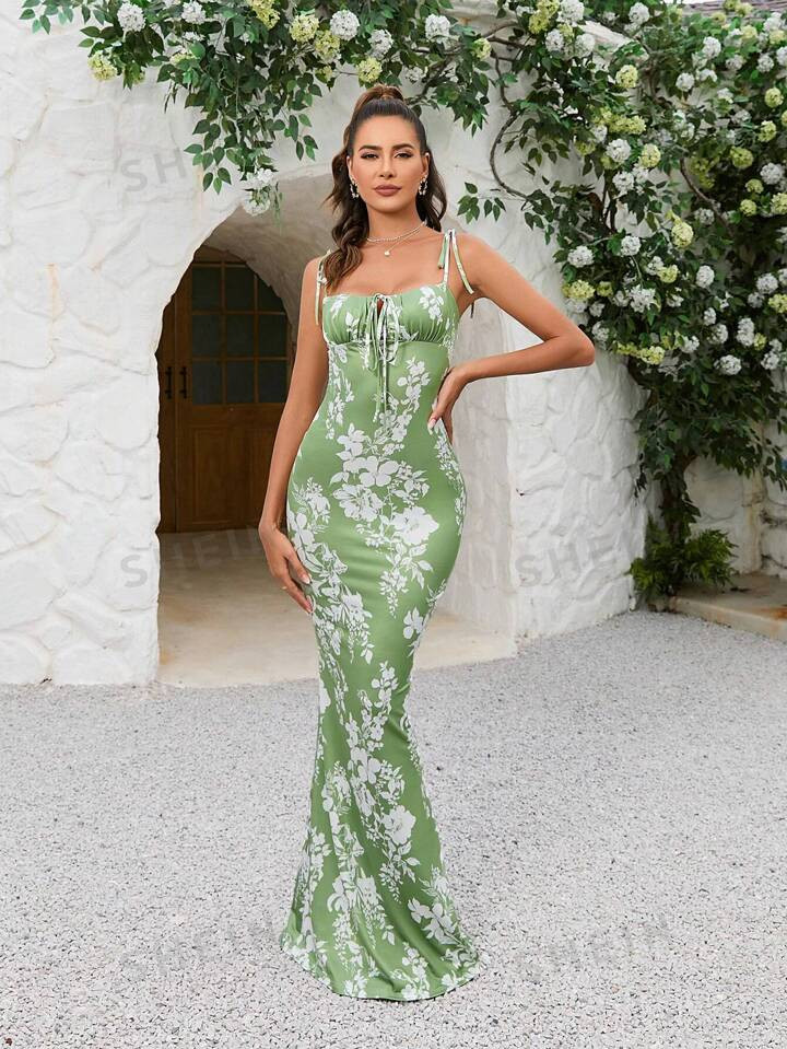 PARTHEA Floral Print Tie Shoulder Mermaid Hem Maxi Cami Dress | SHEIN