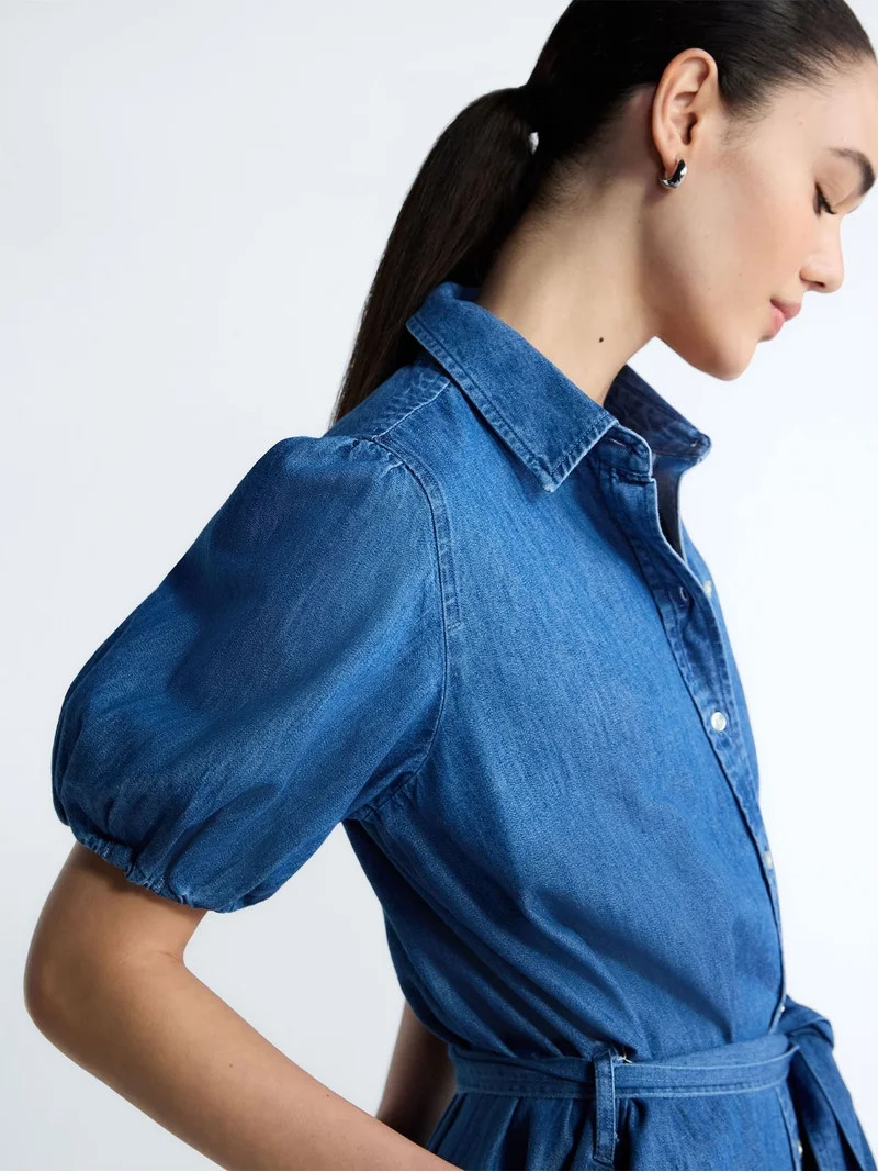 Free Assembly Women's and Women's Plus Denim Mini Dress with Puff Sleeves, Sizes XS-4X | Walmart (US)