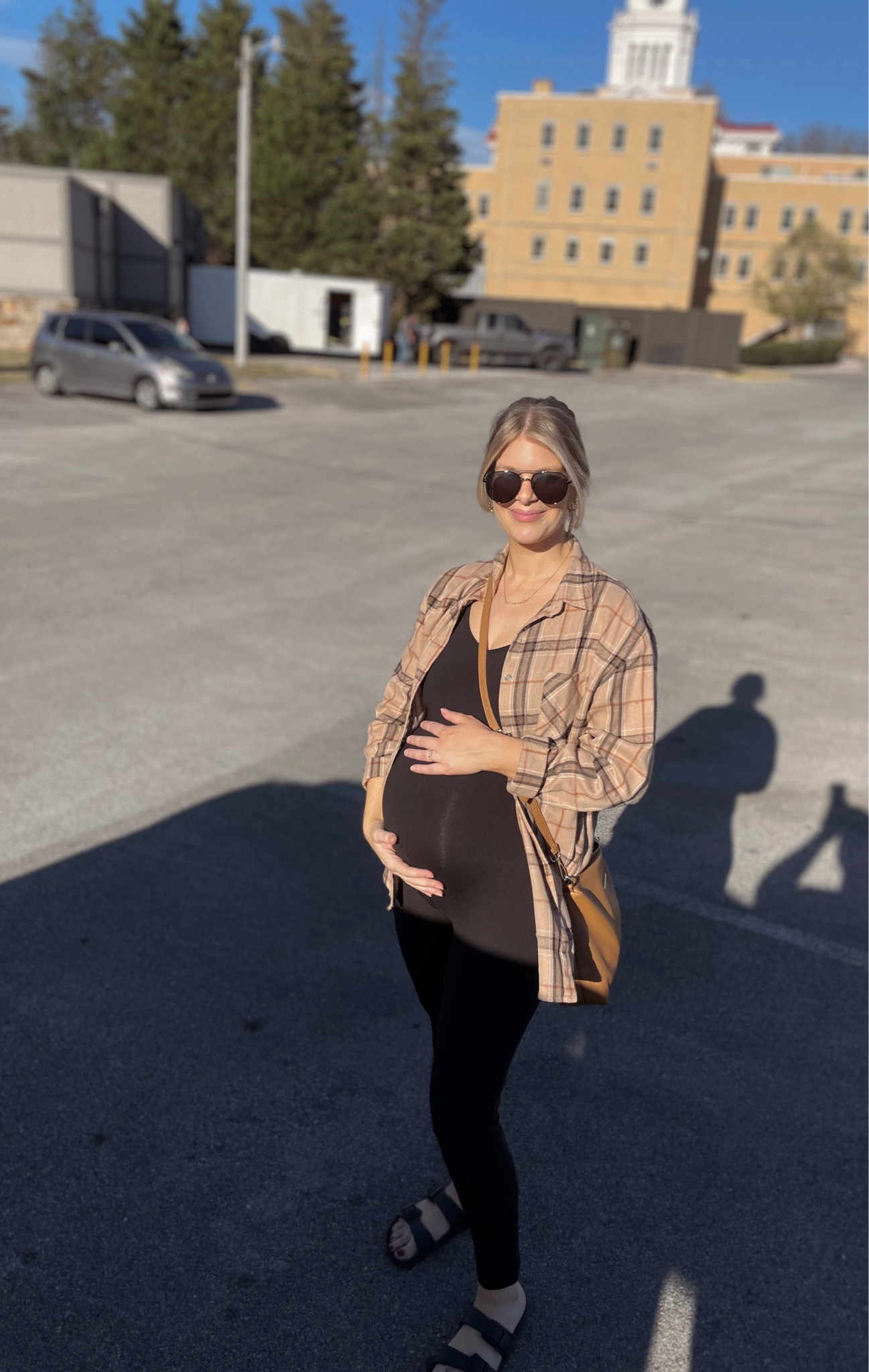Perfect fall/winter pregnancy uniform 🫶🏼 really it’s comfy and cute for all bodies! Such an easy outfit!! 

Linked similar and different purses and flannels + cardigans! My exact flannel is sold out from Bebe Salon + Boutique and my sunglasses are from there as well! 

#LTKbump #LTKHolidaySale #LTKSeasonal