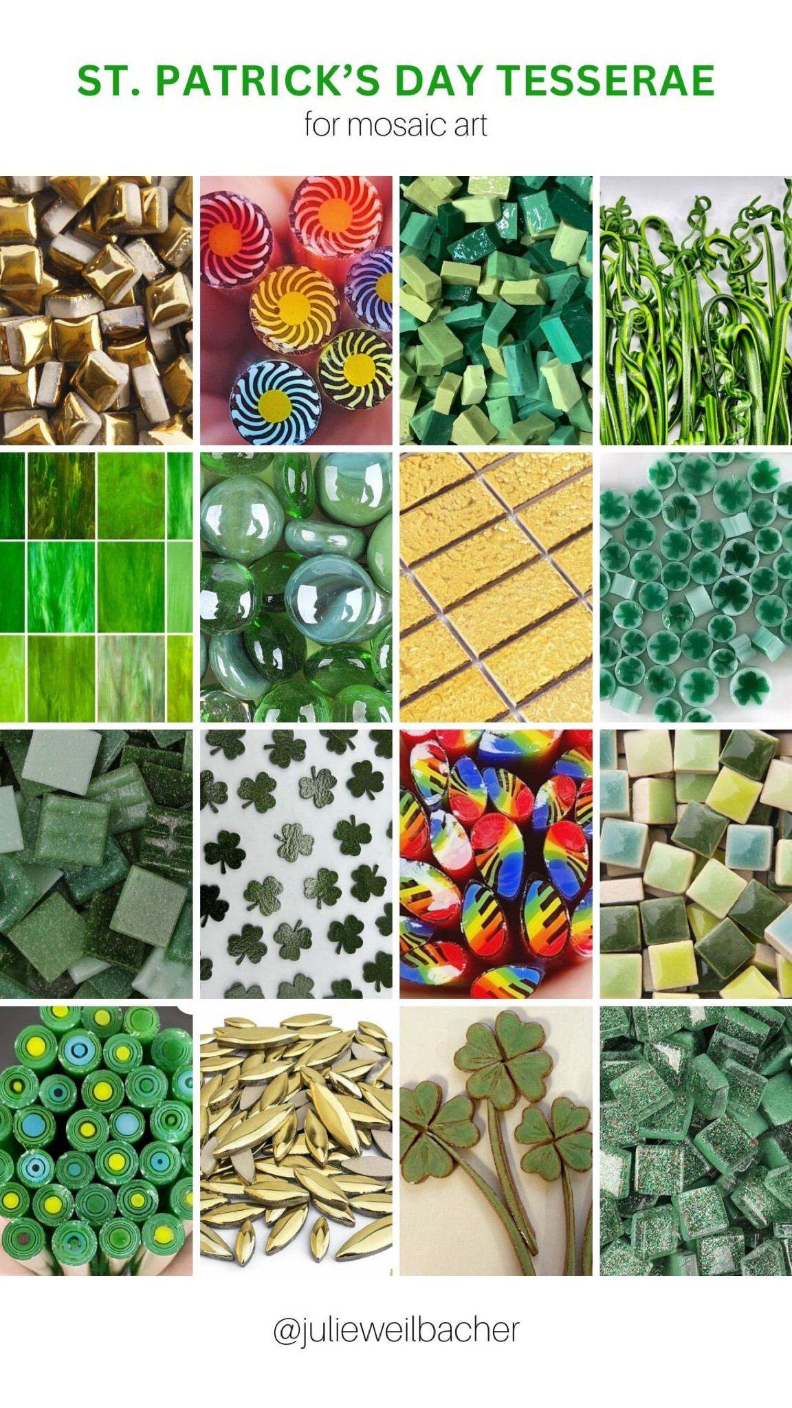 Sharing some luck o’ the Irish tesserae for your next St. Patrick’s Day mosaic project. ☘️ Choose from greens, golds, and rainbows in ceramic tile, glass rods, smalti, stained glass, glass gems, glass tile, murrini, stained glass shamrock cutouts, glitter glass tile, vitrigraph ribbons, and handmade ceramics. ☘️ For mosaic tips, tutorials, inspiration, and so much more please visit my YouTube channel: YouTube.com/julieweilbacher, and follow @julieweilbacher on Instagram for all things mosaic art. St. Patrick’s Day art - mosaics - St. Patrick’s Day crafts - glass crafts - mosaic art - green tile - gold tile - Irish art - Irish crafts - handmade ceramics - green glass

#LTKfindsunder50 #LTKSeasonal