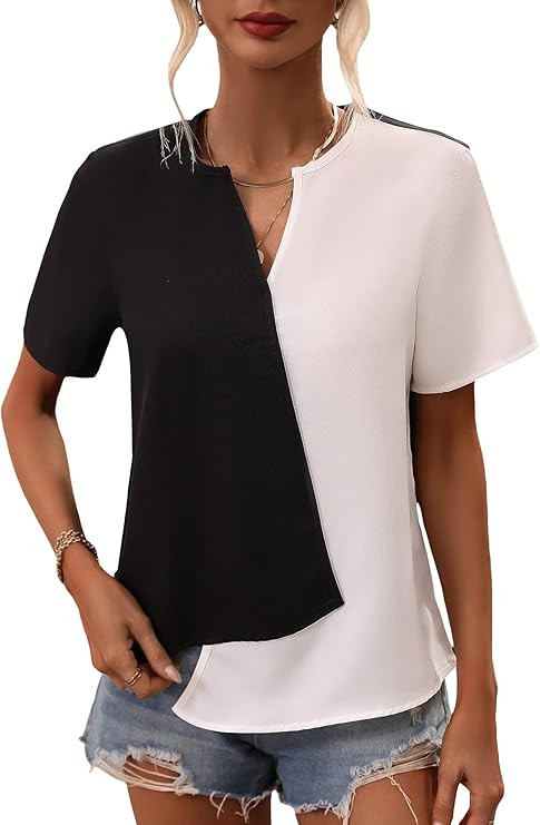 GORGLITTER Women's Color Block Notch Neck T Shirt Short Sleeve Casual Blouses | Amazon (US)